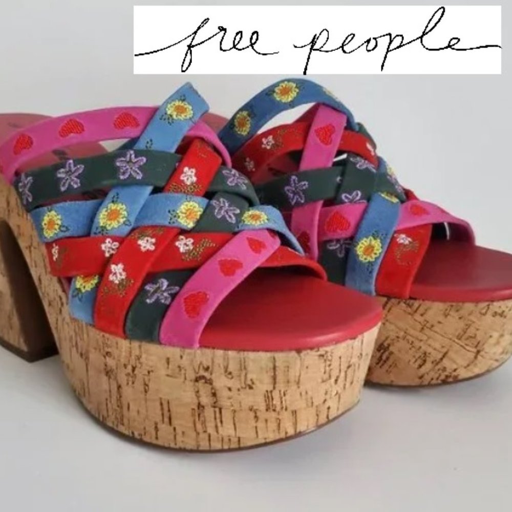 FREE PEOPLE Woven Leather Platform Slip Ons Embroidered Cork Wedges Boho Mules